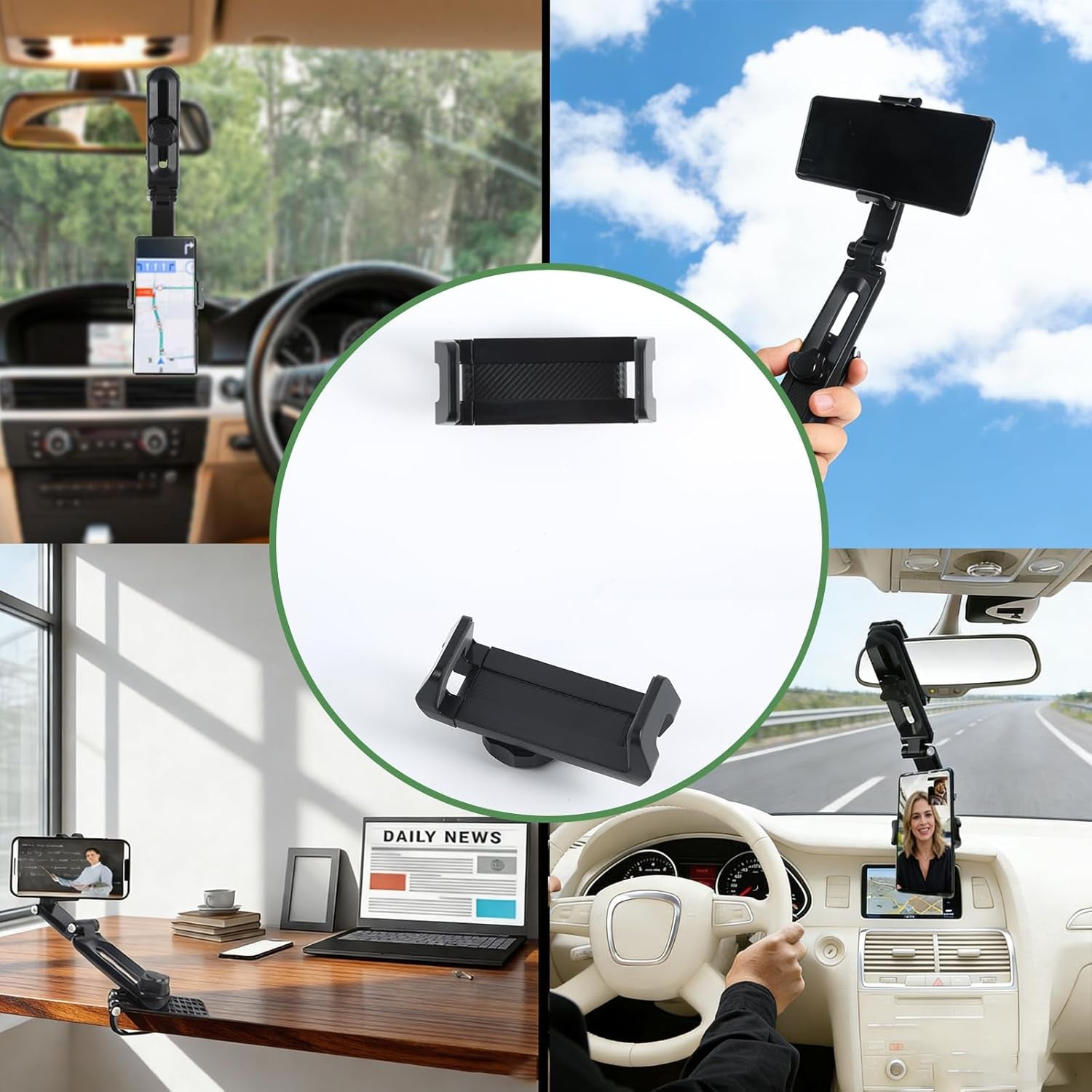 Sun Visor Phone Holder, 360° Rotatable and Extendable Car Phone Holder, 1080 Multifunction Rear View Mirror Mobile Mount Hands-Free，Compatible with Most Smartphones (Grey)