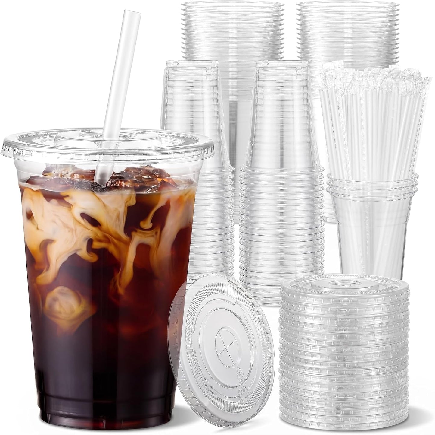 [100 Sets - 16Oz] Clear Plastic Cups with Lids and Straws, Disposable Iced Coffee Cups for Smoothie, Milkshake, Cold Drinks - BPA Free