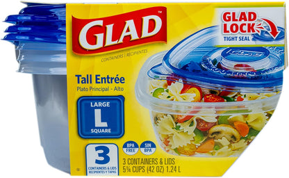 ware Tall Entree Food Storage Containers with Lids, Large Square BPA Free Plastic for Meal Prep and Lunches, Lock Tight Seal, Microwave and Dishwasher Safe, 42 Oz, 3 Count