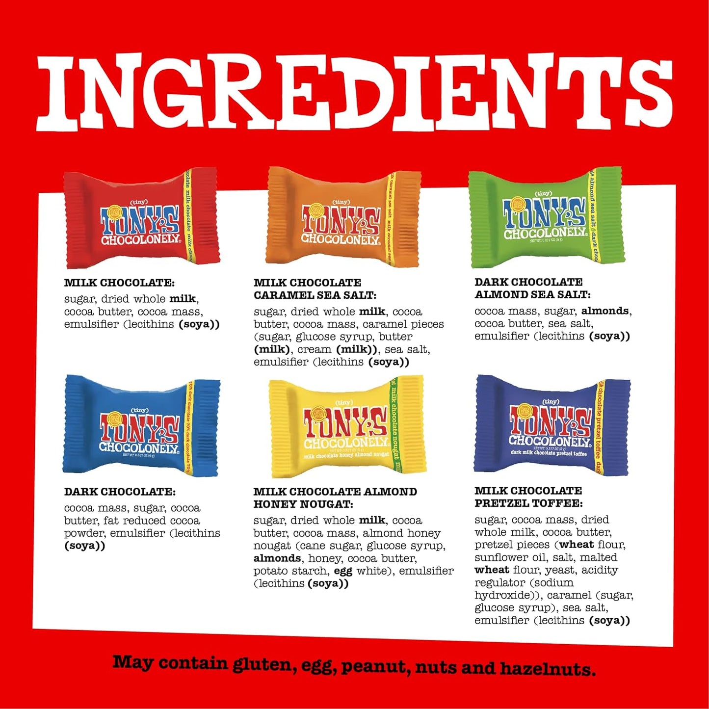 Tony’S Chocolonely Assorted Chocolate Candy Pieces, Belgian Milk & Dark Chocolate, Caramel Sea Salt, Almond Sea Salt, Honey Almond Nougat, Pretzel Toffee, Made from Quality Fairtrade Cocoa, 4.44 Oz