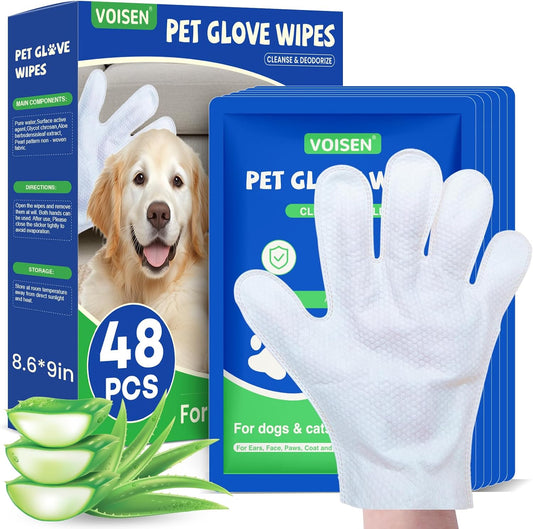 48 Pcs Pet Glove Wipes for Dogs and Cats, Cleaning & Deodorizing Bathing Grooming Wipes,Unscented Thick Nourish Fur Glove Wipes for Pet Dry Cleaning,Daily Care and Travel