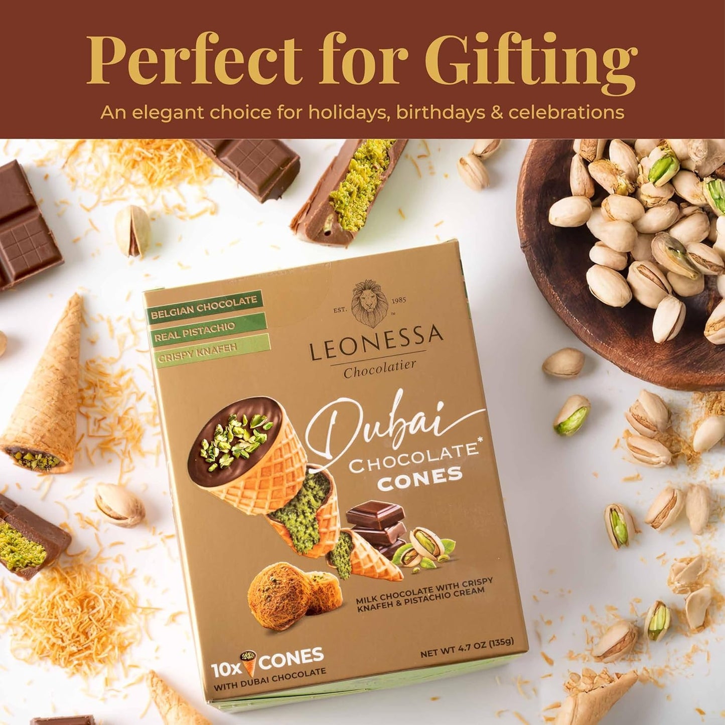 Dubai Chocolate Cones with Pistachio Kunafa | Made with Premium Belgian Chocolates | Kunafa Chocolate | Chocolates De Dubai - 4.7 Oz