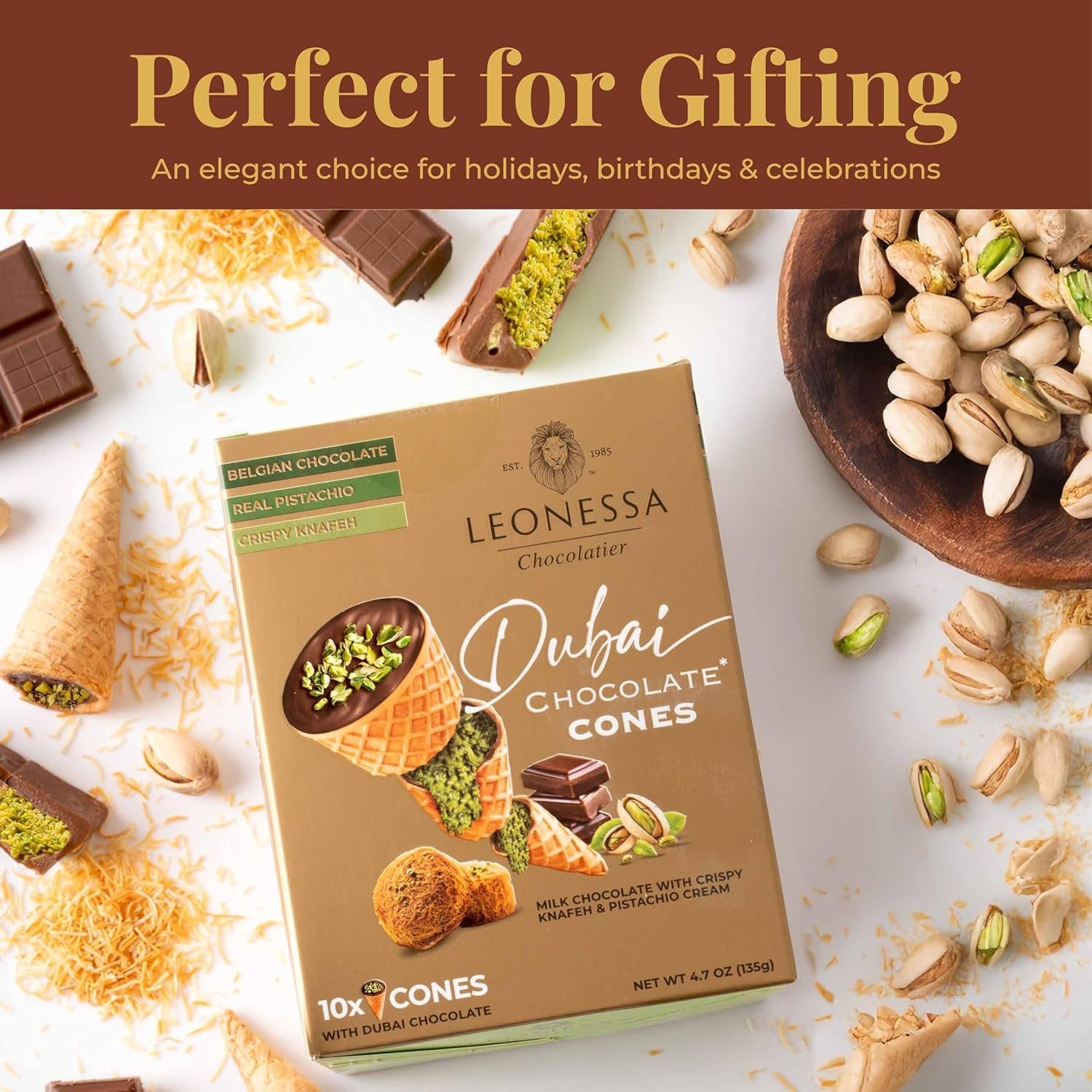 Dubai Chocolate Cones with Pistachio Kunafa | Made with Premium Belgian Chocolates | Kunafa Chocolate | Chocolates De Dubai - 4.7 Oz