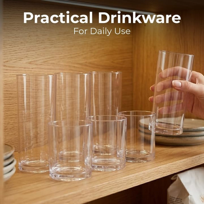 Plastic Drinking Glasses (Set of 8) – Mixed 16Oz & 12Oz Acrylic Shatterproof Cups for Home, Kitchen & Outdoors – Crystal Clear Glass Look – BPA & Lead-Free – Top-Rack Dishwasher Safe