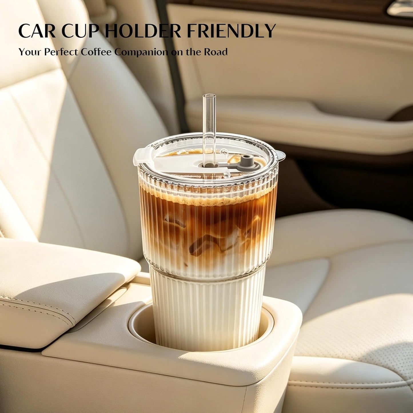 20 Oz Ribbed Glass Tumblers with Lids and Glass Straws – 4-Piece Glassware Set, Thickened Wall, Ideal for Iced Coffee, Smoothies, Cocktails, and Juices – Elegant and Durable Drinkware