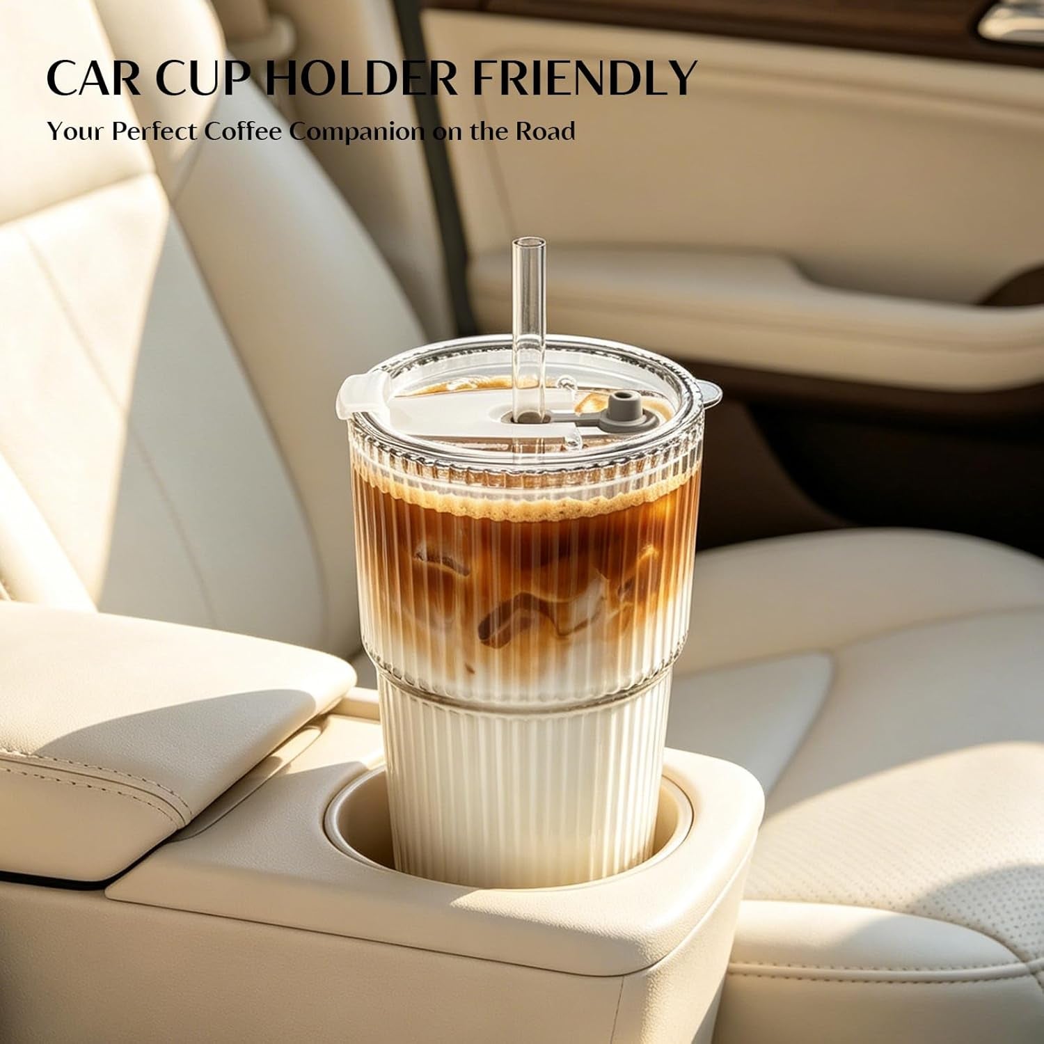 20 Oz Ribbed Glass Tumblers with Lids and Glass Straws – 4-Piece Glassware Set, Thickened Wall, Ideal for Iced Coffee, Smoothies, Cocktails, and Juices – Elegant and Durable Drinkware