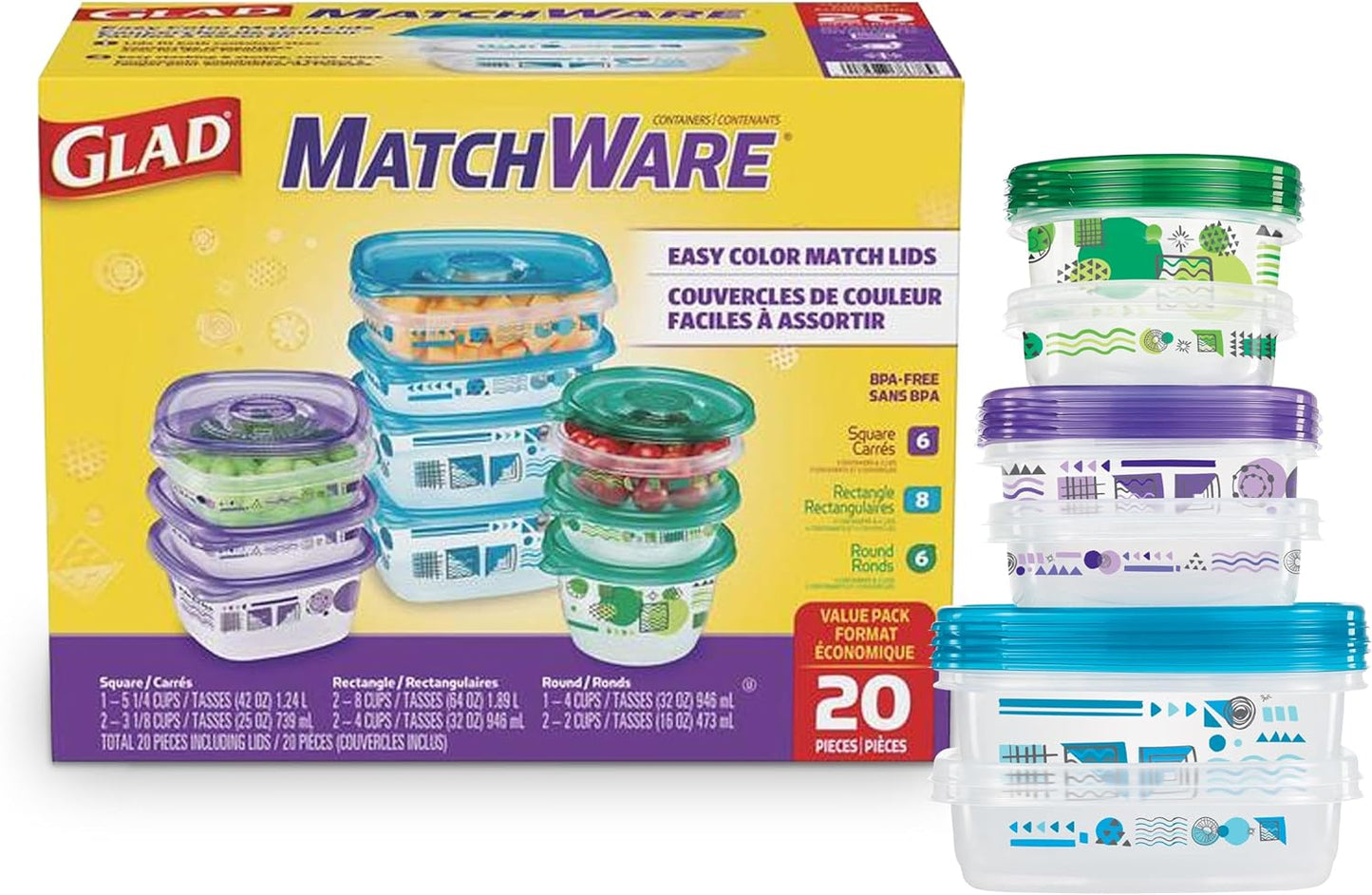 ware Matchware Food Storage Containers with Lids, BPA Free Reusable Plastic 20 Piece Variety Pack for Lunches, Meal Prep, and Leftovers, Leak Resistant, Microwave and Dishwasher Safe