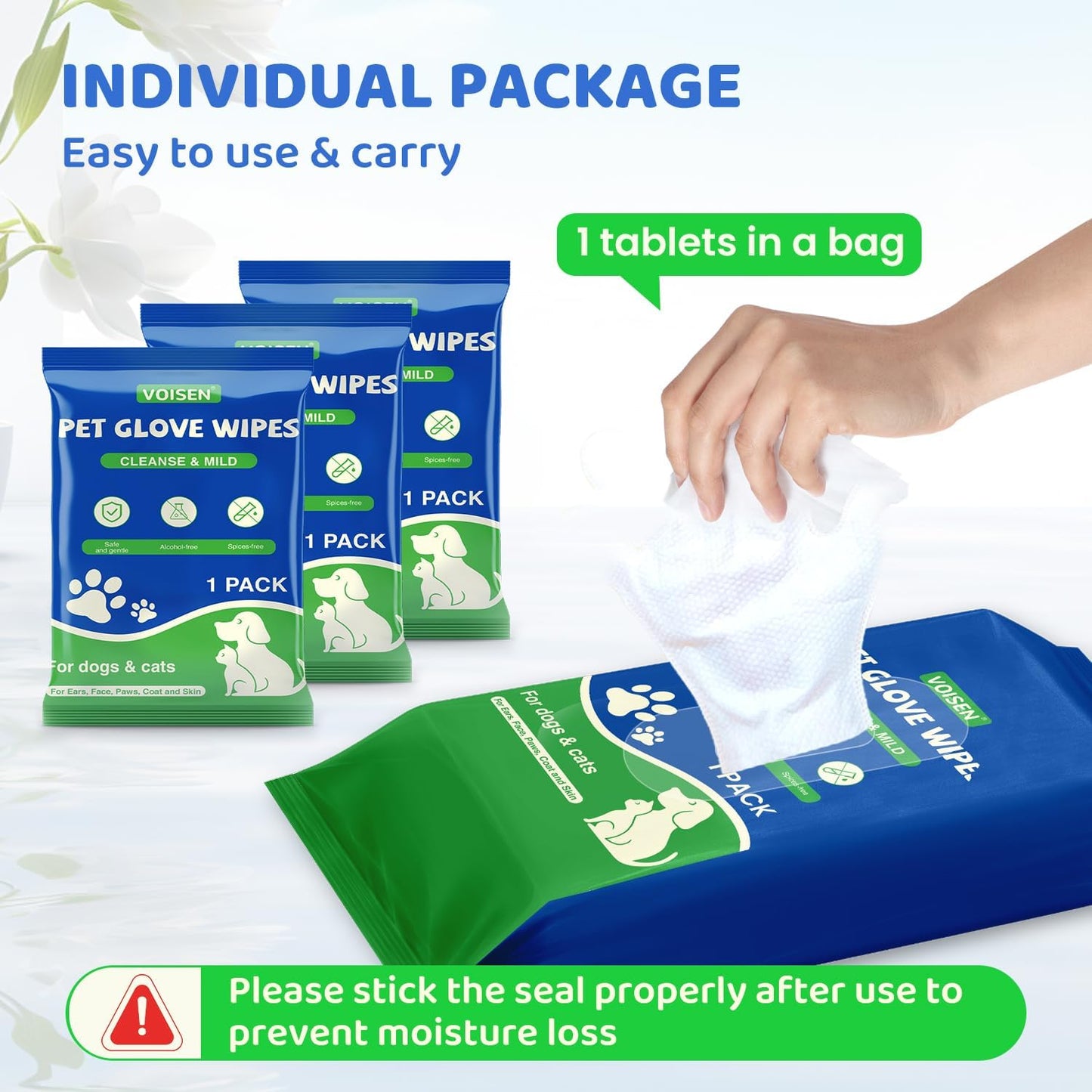 48 Pcs Pet Glove Wipes for Dogs and Cats, Cleaning & Deodorizing Bathing Grooming Wipes,Unscented Thick Nourish Fur Glove Wipes for Pet Dry Cleaning,Daily Care and Travel