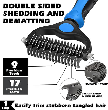 Professional 3PCS Self Cleaning Slicker Brush & Pet Grooming Rake & Flea Comb for Dogs,Cats and Horses | Double-Sided Dematting Comb & Skin Friendly Deshedding Grooming Tool | Pet Supplies (Blue)