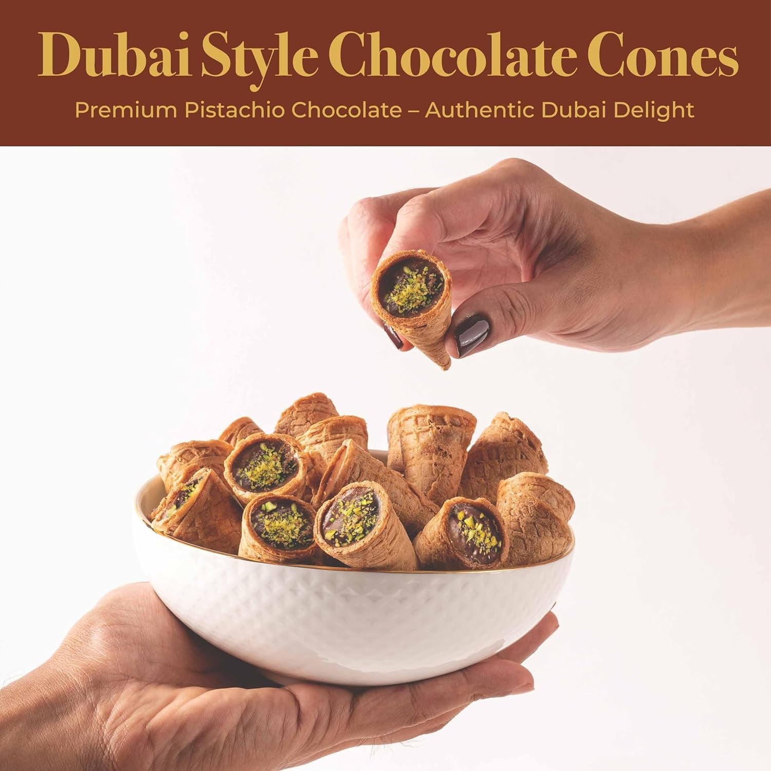 Dubai Chocolate Cones with Pistachio Kunafa | Made with Premium Belgian Chocolates | Kunafa Chocolate | Chocolates De Dubai - 4.7 Oz