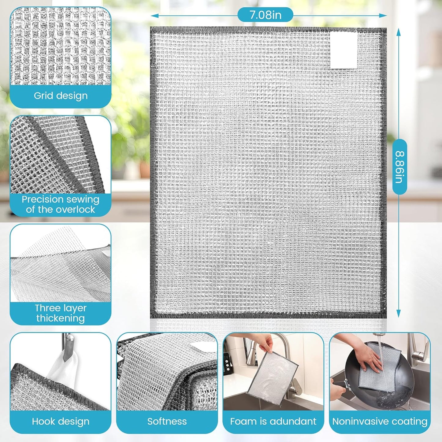 12 Pcs New Upgrade 3-Layer Metal Dish Cloth, No Scratches and No Odor, Multipurpose Wire Dishwashing Rag for Wet and Dry, Kitchen Cleaning Dishrags,Sinks,Dishes,Stove Top, Dimensions(7.08X8.86)