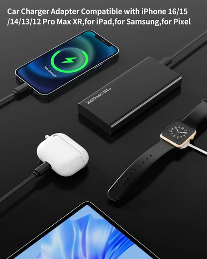 Retractable Car Charger, 4 in 1 Fast Charging Car Charger USB-C & USB-A Compatible with Iphone 16/15/14/13/12/11/X,Galaxy,Pixel
