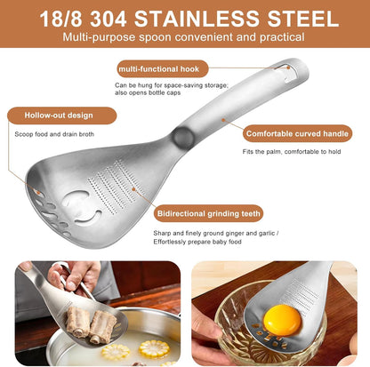 Multifunctional 5-In-1 Cooking Spoon, 18/8 304 Stainless Steel Kitchen Tool for Potato Masher, Egg Separator, Bottle Opener and Mixing Stirrer