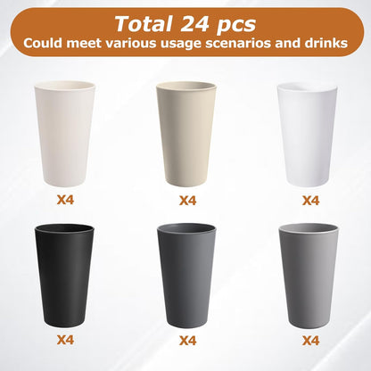 24 Pcs Unbreakable Plastic Cups Set, 20 Oz Reusable Plastic Cups, Stackable Water Tumblers, Drinking Cup for Kitchen, Outdoor, Bpa-Free, Dishwasher Refrigerator and Microwave Safe (20 Oz, 6 Colors)