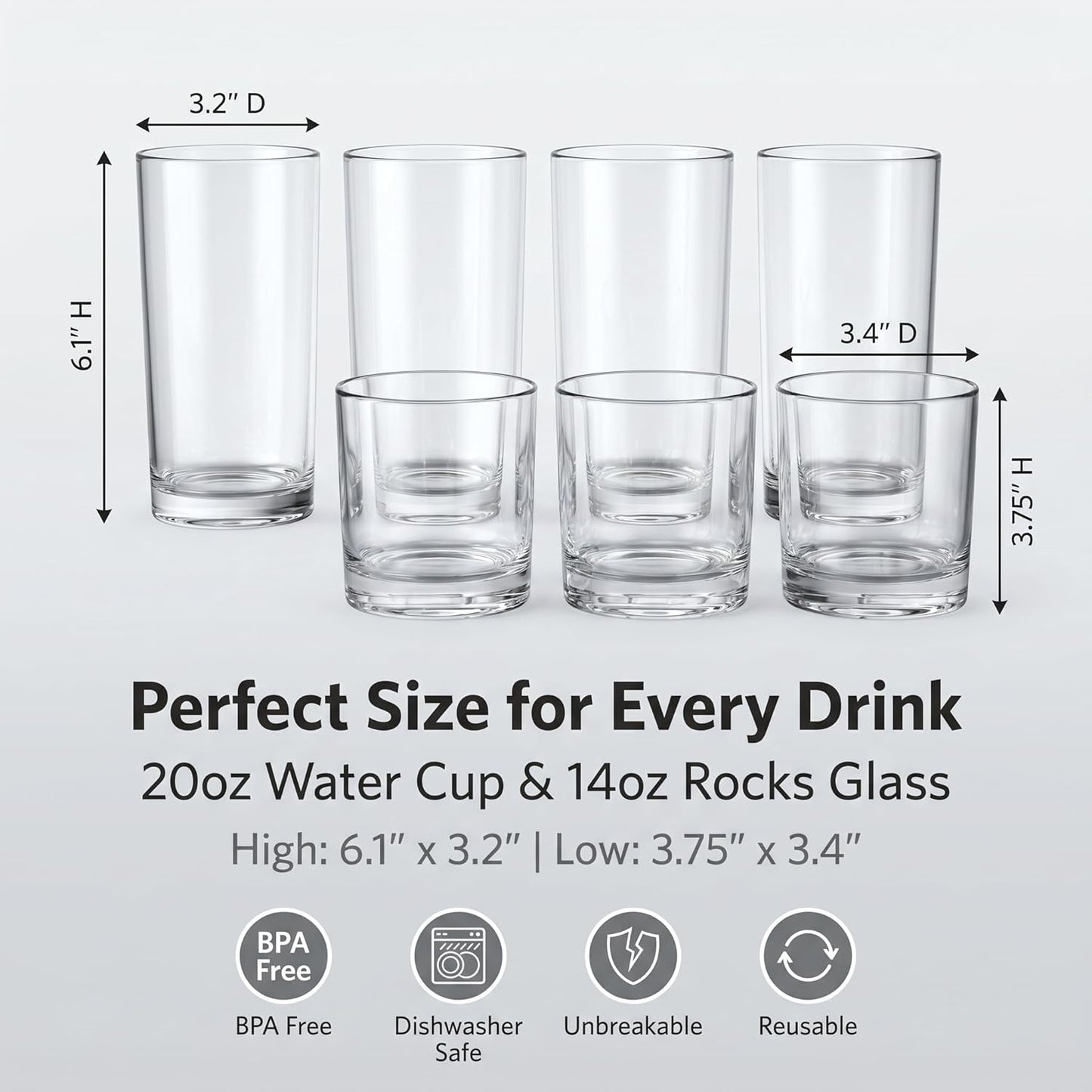 Plastic Drinking Glasses Set of 8, 14Oz Rocks & 20Oz Water Cups, Unbreakable Plastic Glasses Drinkware, Clear Kitchen Tumblers for Home & Outdoors, Reusable , Bpa-Free, Top-Rack Dishwasher Safe