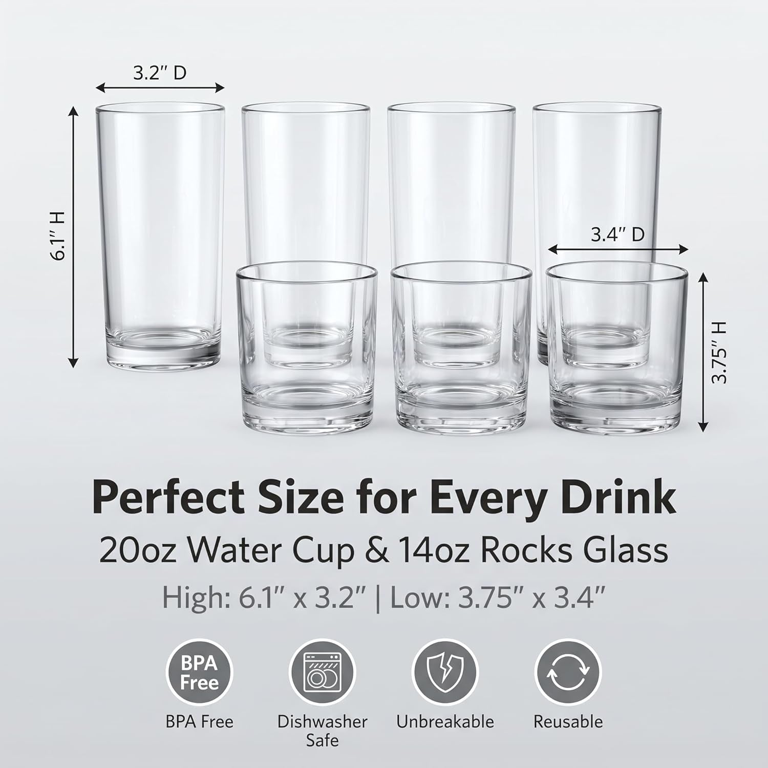 Plastic Drinking Glasses Set of 8, 14Oz Rocks & 20Oz Water Cups, Unbreakable Plastic Glasses Drinkware, Clear Kitchen Tumblers for Home & Outdoors, Reusable , Bpa-Free, Top-Rack Dishwasher Safe