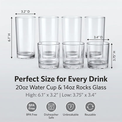 Plastic Drinking Glasses Set of 8, 14Oz Rocks & 20Oz Water Cups, Unbreakable Plastic Glasses Drinkware, Clear Kitchen Tumblers for Home & Outdoors, Reusable , Bpa-Free, Top-Rack Dishwasher Safe