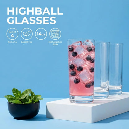 Highball Drinking Glasses, Italian Made Tall Glass Cups, Water Glasses Drinking Set, Cocktail Glasses - 14Oz, Set of 4, Made in Italy