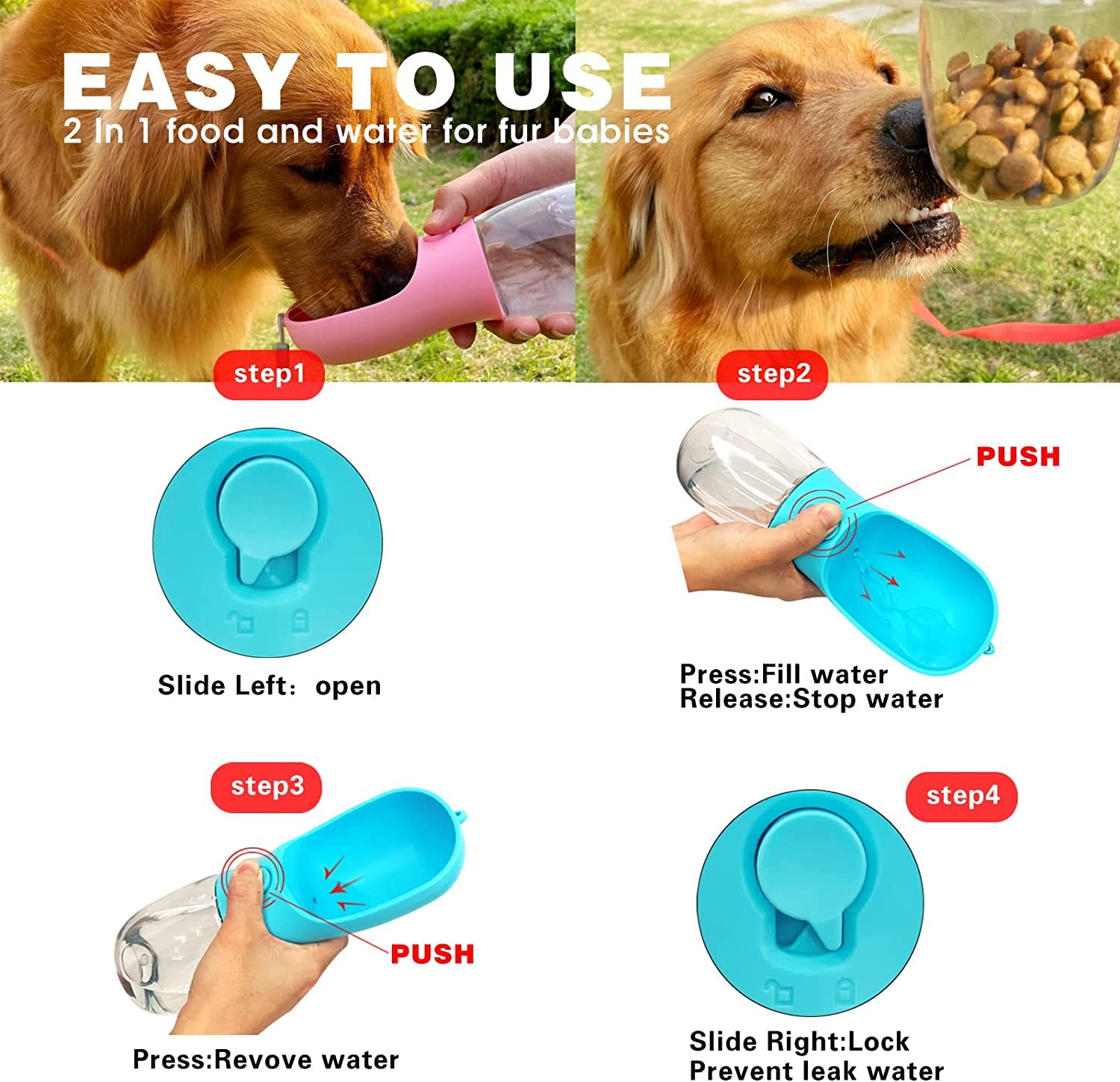 Dog Water Bottle with Food Container, Portable Leak Proof Pet Water Dispenser for Walking Hiking Travel, Puppy Essentials Accessories for Small Large Dogs, Dog Gifts (10Oz/15Oz/19Oz)