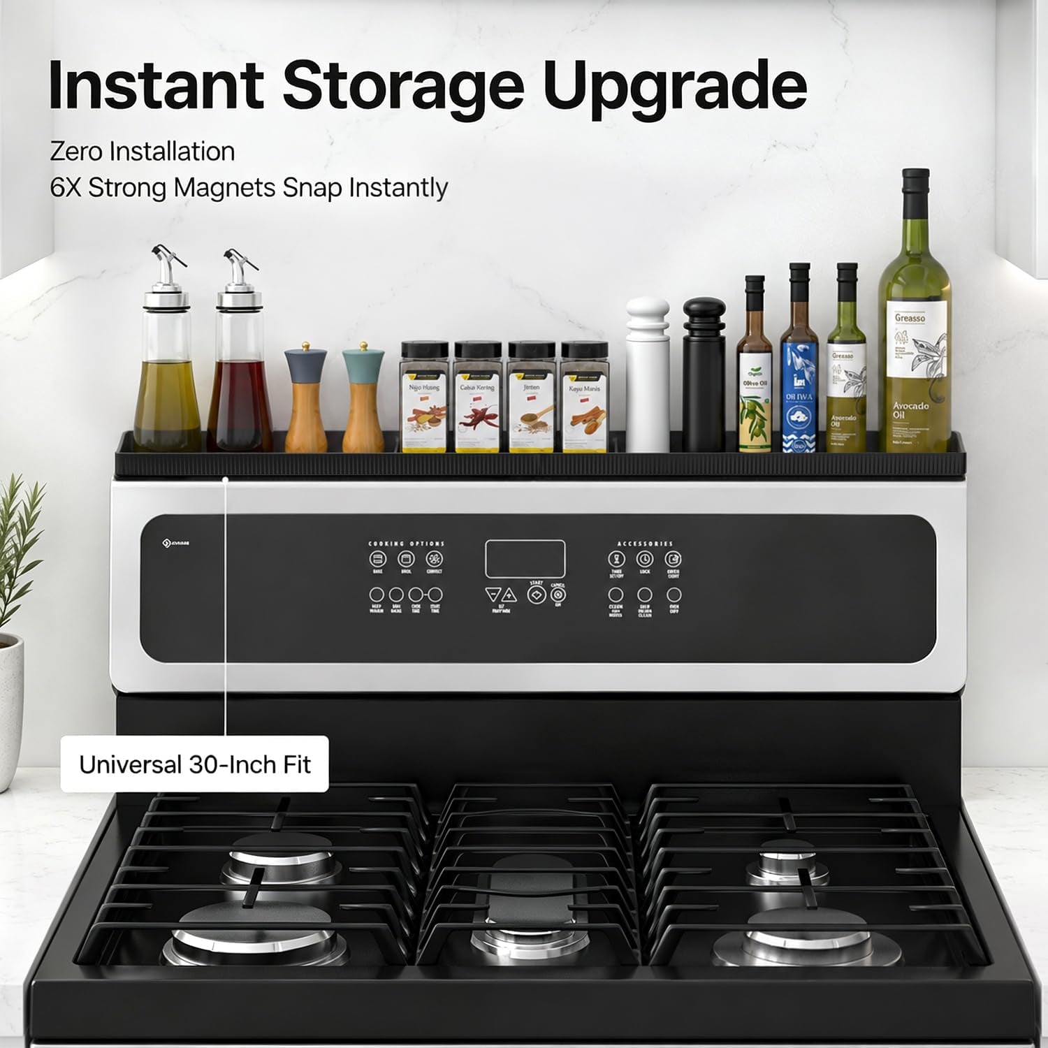 Magnetic Stove Top Shelf, over the Stove Shelf Spice Rack & Spice Organizer – 30" Heat Resistant Silicone Stove Shelf, No Drill Kitchen Storage Organizer for Gas/Electric Stoves & Small Kitchens
