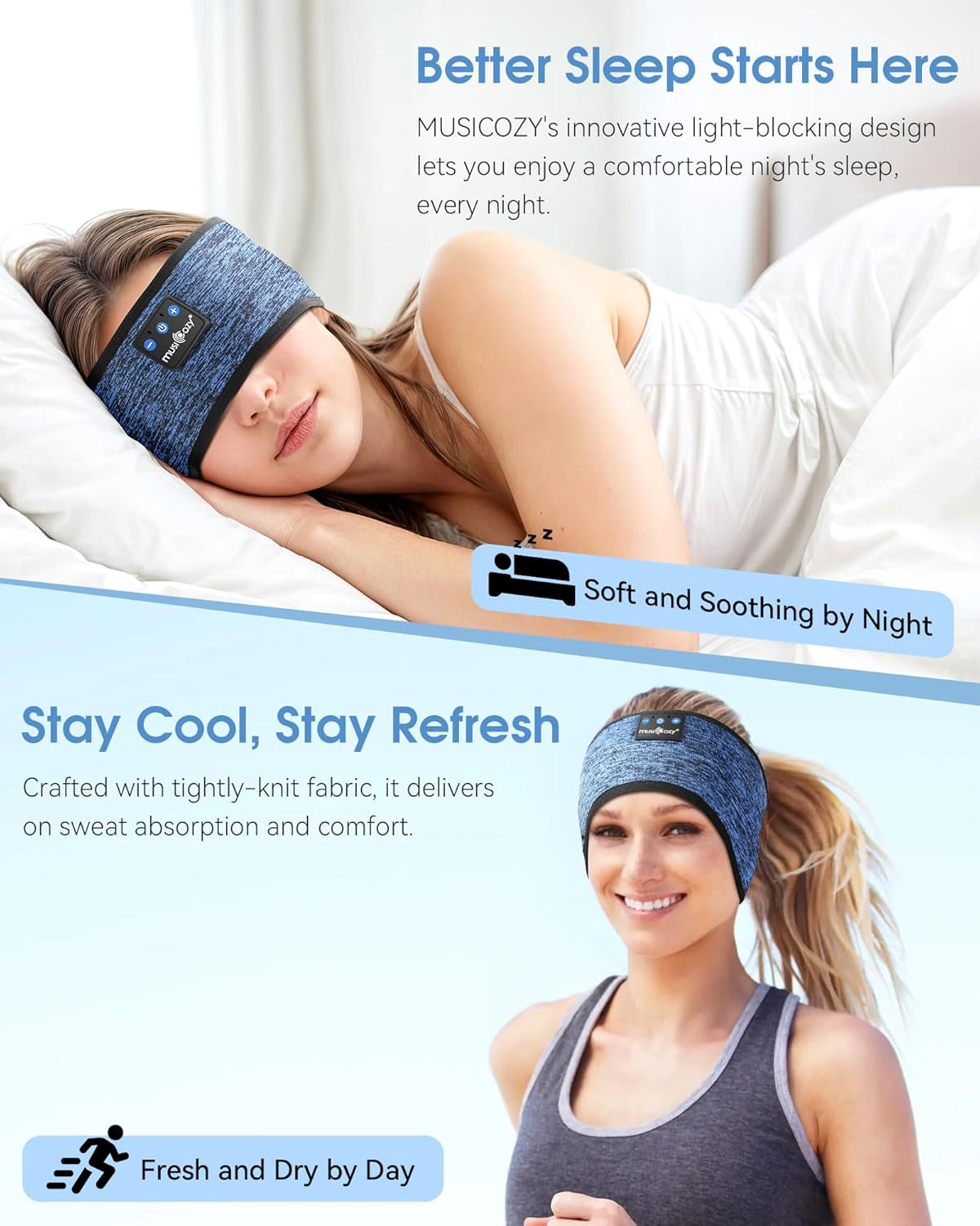 Bluetooth 5.4 Headband Headphones for Sports and Sleep, Wireless Sleeping Eye Mask Earbuds Earphones for Side Sleepers Workout Running Cool Tech Gadget Unique Gift