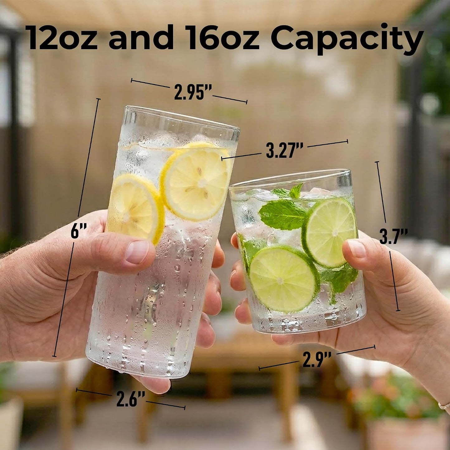 Plastic Drinking Glasses (Set of 8) – Mixed 16Oz & 12Oz Acrylic Shatterproof Cups for Home, Kitchen & Outdoors – Crystal Clear Glass Look – BPA & Lead-Free – Top-Rack Dishwasher Safe