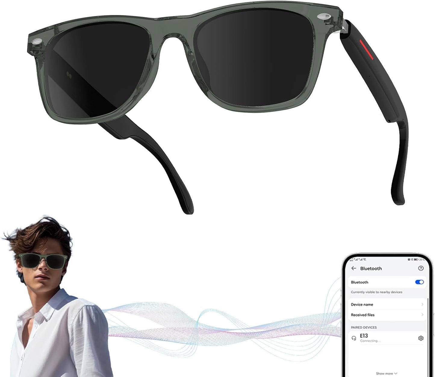 Smart Glasses Bluetooth Audio Glasses for Men Women with Dual Stereo Speakers, Open Ear Music &HD Calling, Touch &Voice Assistant, UV Protection—Green