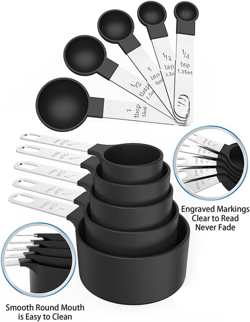 10Pcs Measuring Cups & Spoons Set, Stackable Cups and Spoons, Nesting Measure Cups with Stainless Steel Handle, Kitchen Gadgets for Cooking & Baking (Black)
