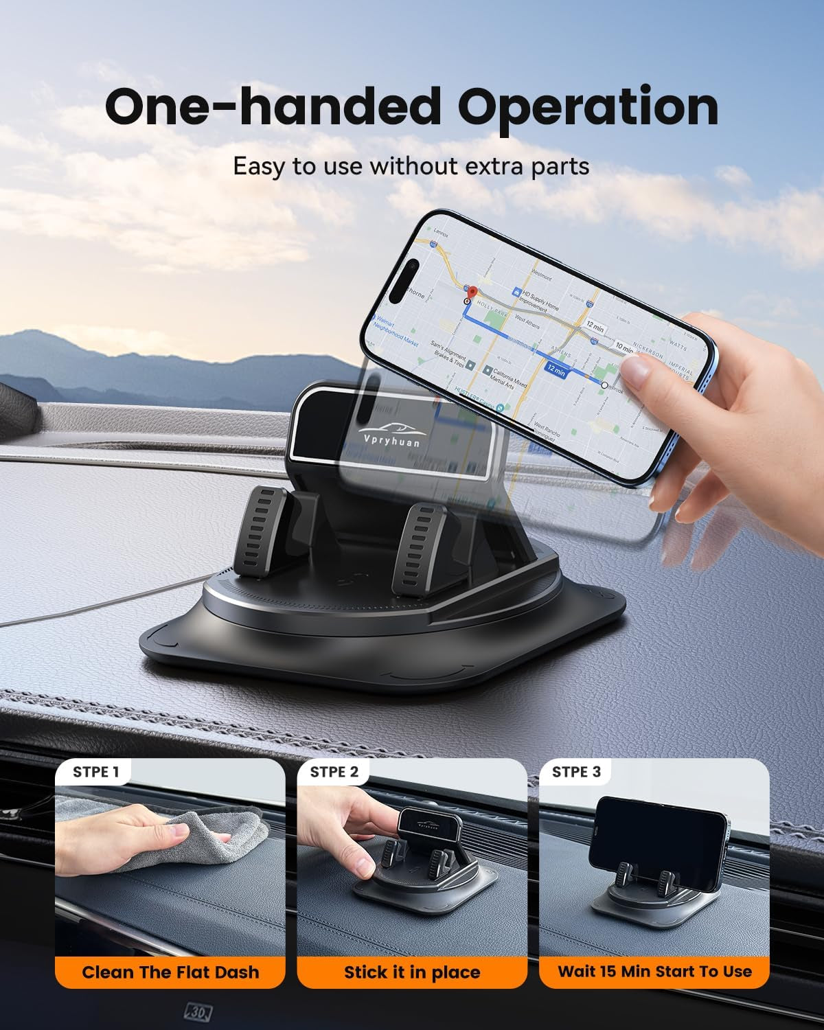 360 Degree Rotation Dashboard Phone Holder for Car, Anti-Slip Grips & One-Hand Operation Car Cell Phone Mount with Adjustable Spring Clip, Compatible with Iphone Samsung All Smartphones