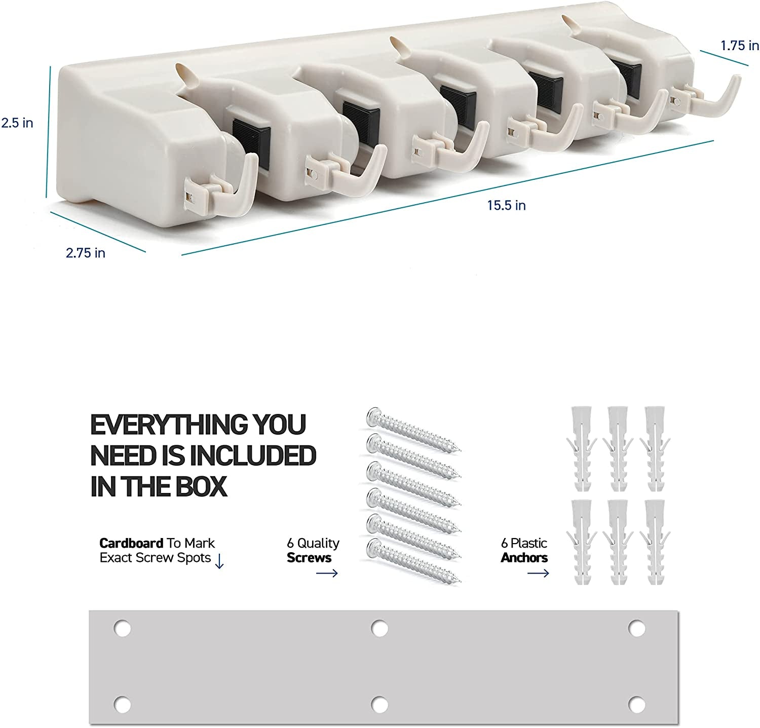 Broom and Mop Holder Wall Mount – Heavy Duty Garage Organizer with 5 Slots & 6 Hooks, 7.5Lbs Capacity per Slot - Easy Install Storage Rack for Home, Kitchen, Laundry Room & Garden - Off-White