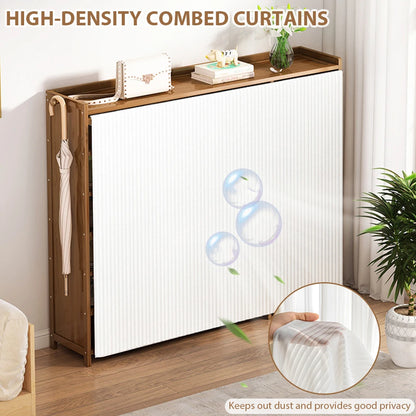 6 Tier Wooden Shoe Cabinet with Curtain for Elegant Dust Free Closet Shoe Storage