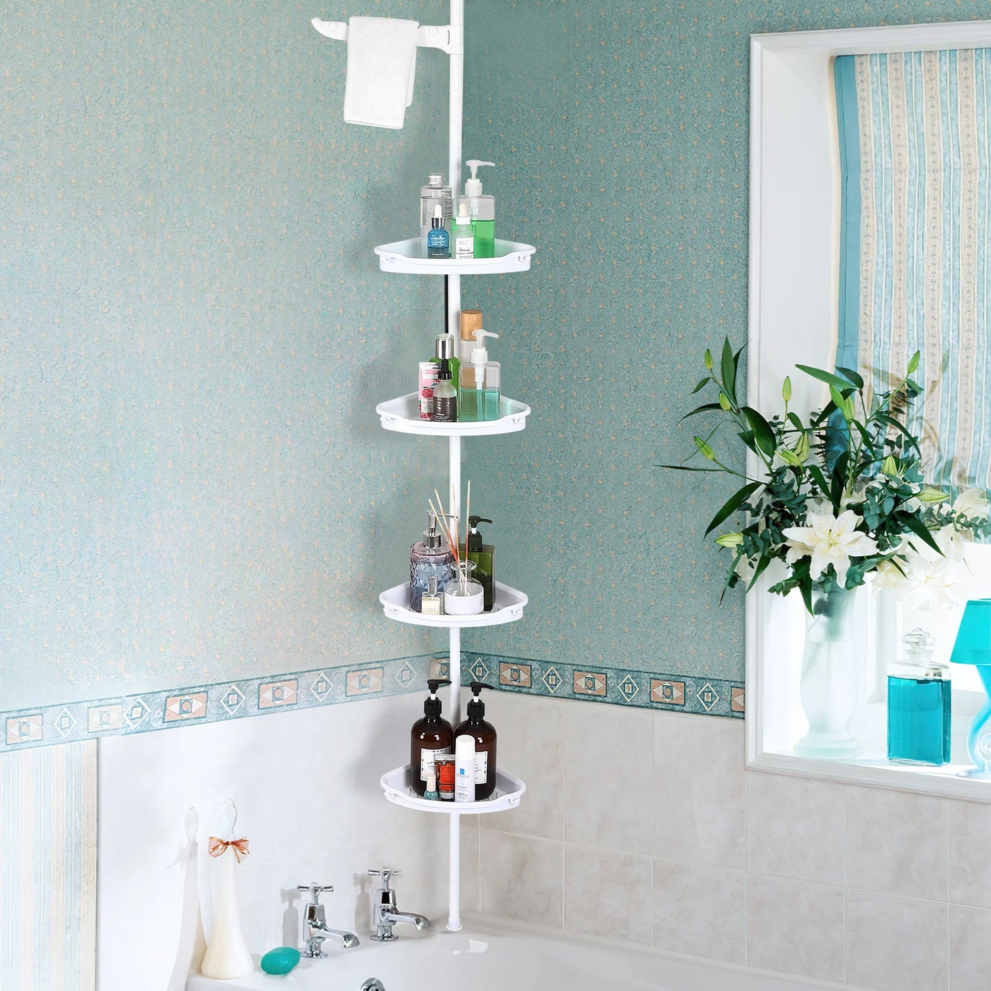 4 Tier Tension Pole Corner Shower Caddy for Maximum Bathroom Storage Without Drilling