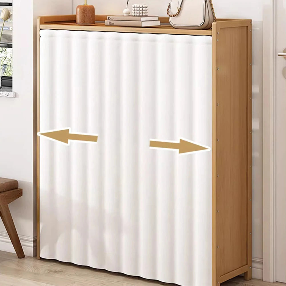 6 Tier Wooden Shoe Cabinet with Curtain for Elegant Dust Free Closet Shoe Storage