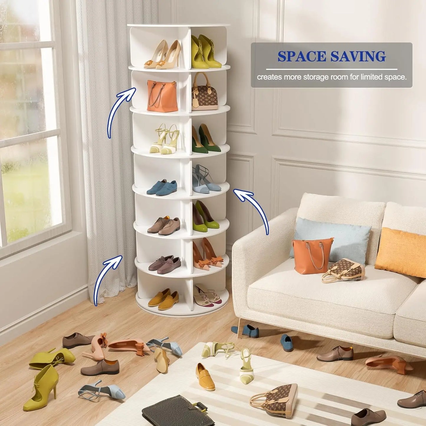 7 Tier 360 Degree Rotating Shoe Tower for Customizable Space Saving Shoe and Bag Storage