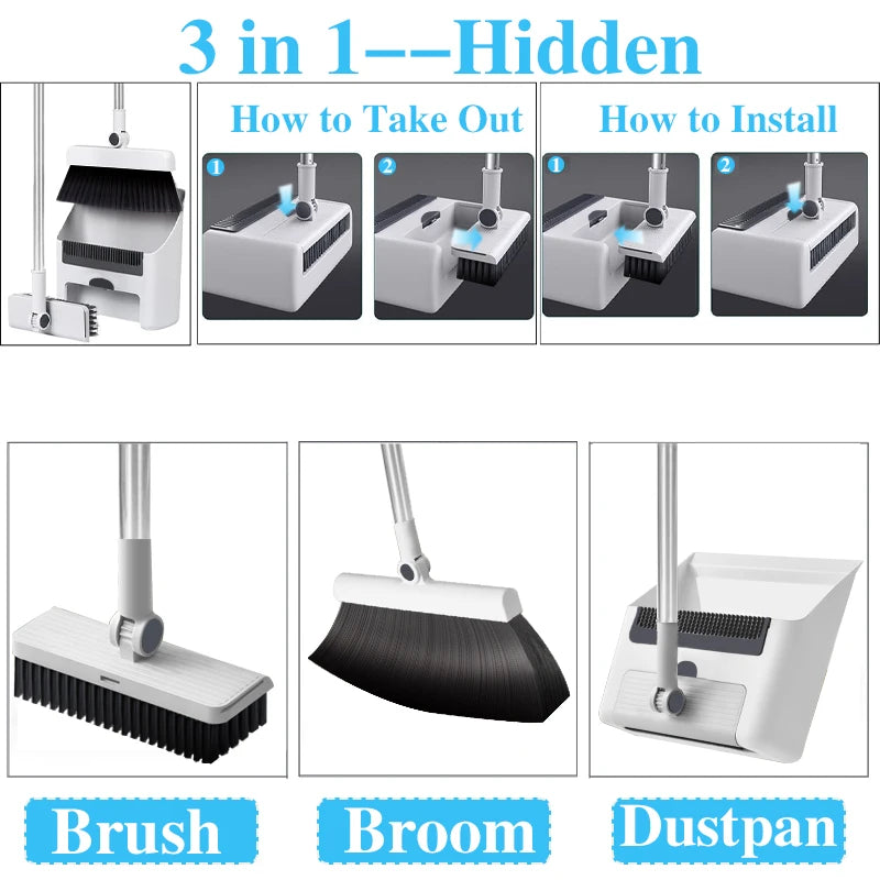 3 in 1 Long Handle Broom and Dustpan Set for Sweeping Without Bending
