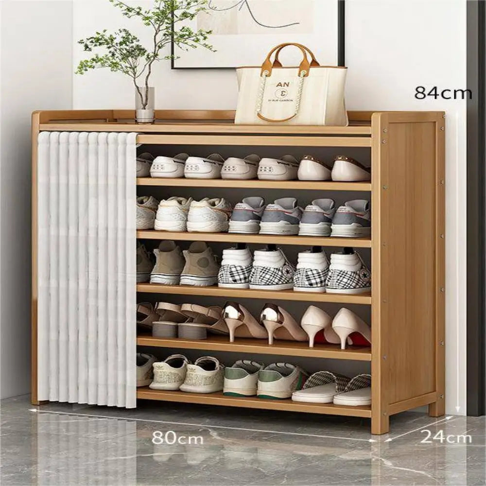 6 Tier Wooden Shoe Cabinet with Curtain for Elegant Dust Free Closet Shoe Storage