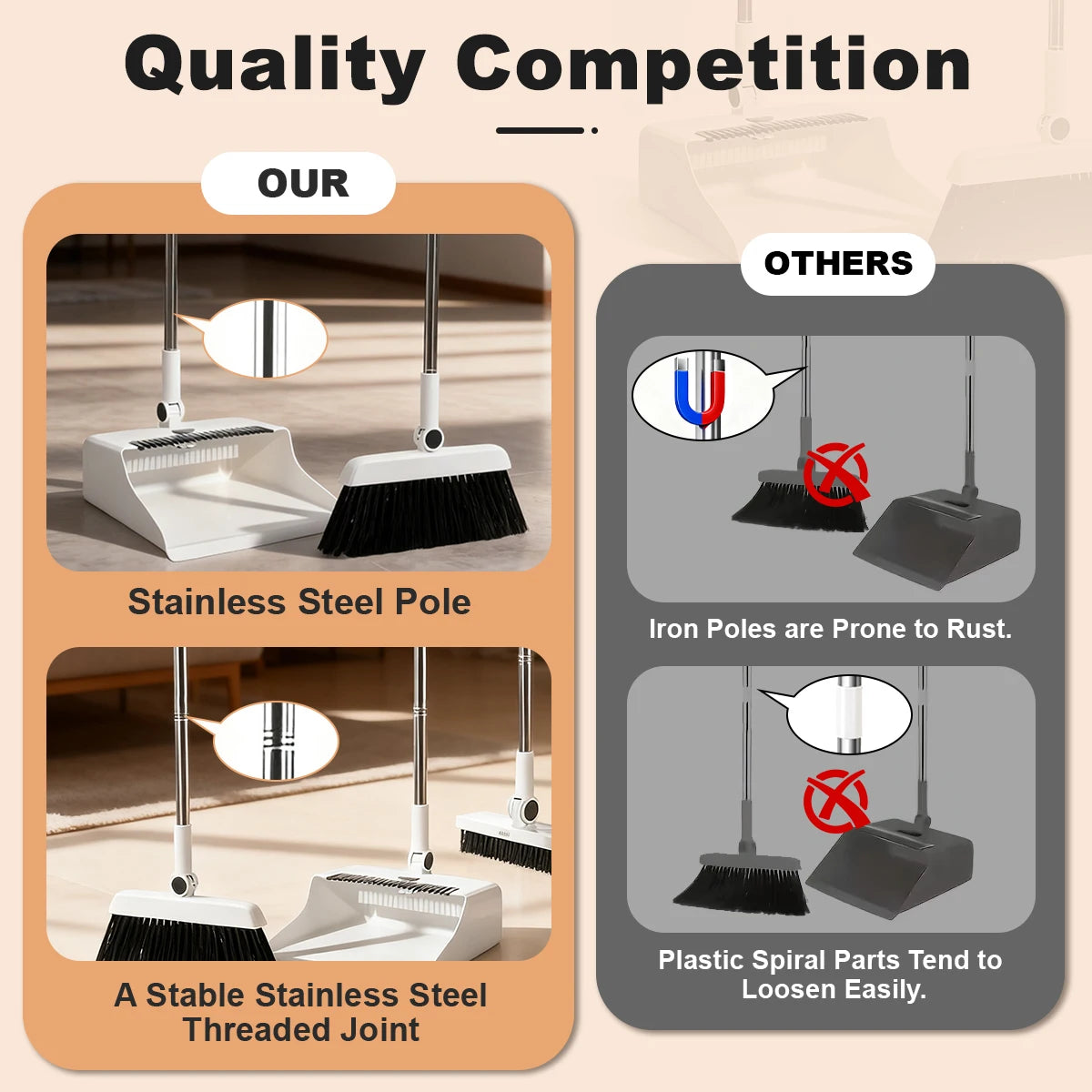 3 in 1 Long Handle Broom and Dustpan Set for Sweeping Without Bending