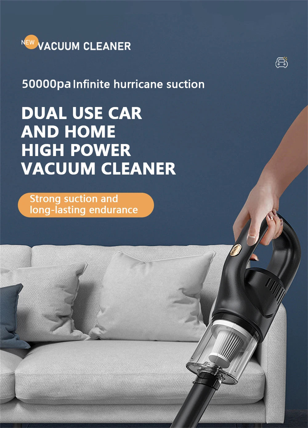 50000Pa Cordless Handheld Vacuum for Powerful Suction on Home Car and Pet Hair