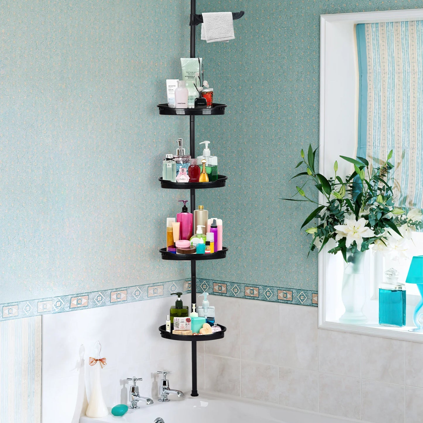 4 Tier Tension Pole Corner Shower Caddy for Maximum Bathroom Storage Without Drilling