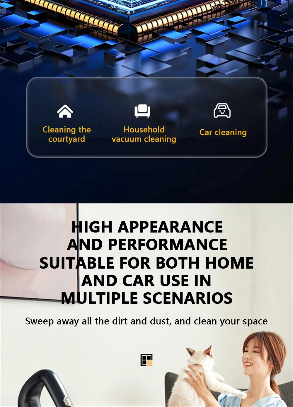 50000Pa Cordless Handheld Vacuum for Powerful Suction on Home Car and Pet Hair