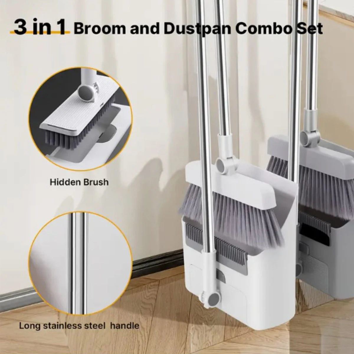 3 in 1 Long Handle Broom and Dustpan Set for Sweeping Without Bending