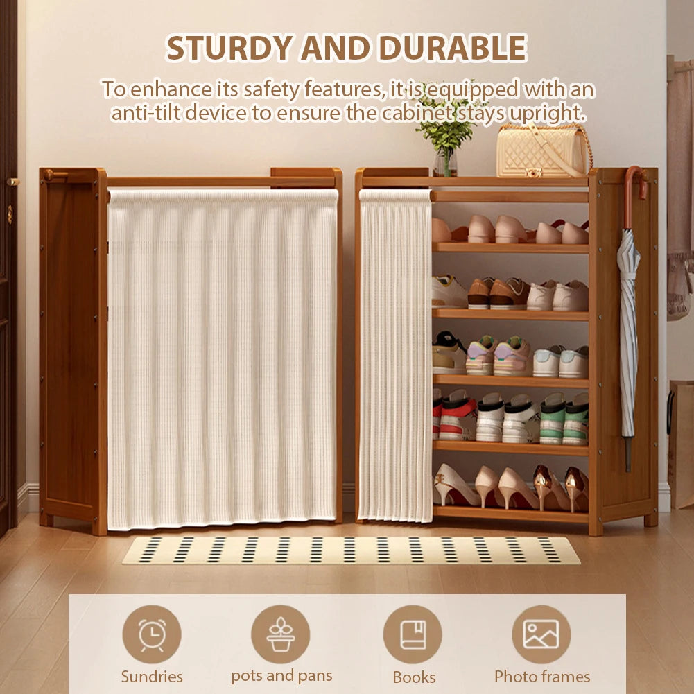 6 Tier Wooden Shoe Cabinet with Curtain for Elegant Dust Free Closet Shoe Storage
