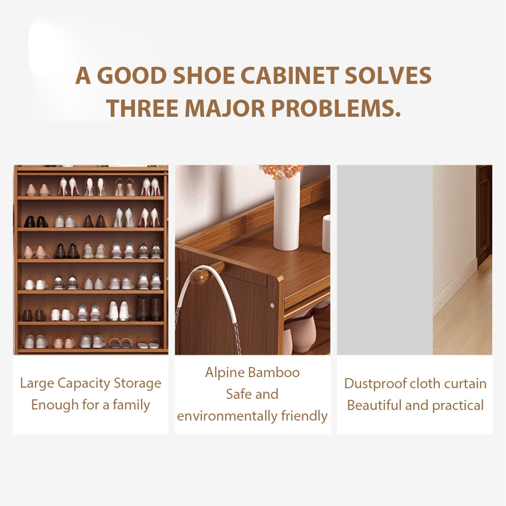 6 Tier Wooden Shoe Cabinet with Curtain for Elegant Dust Free Closet Shoe Storage