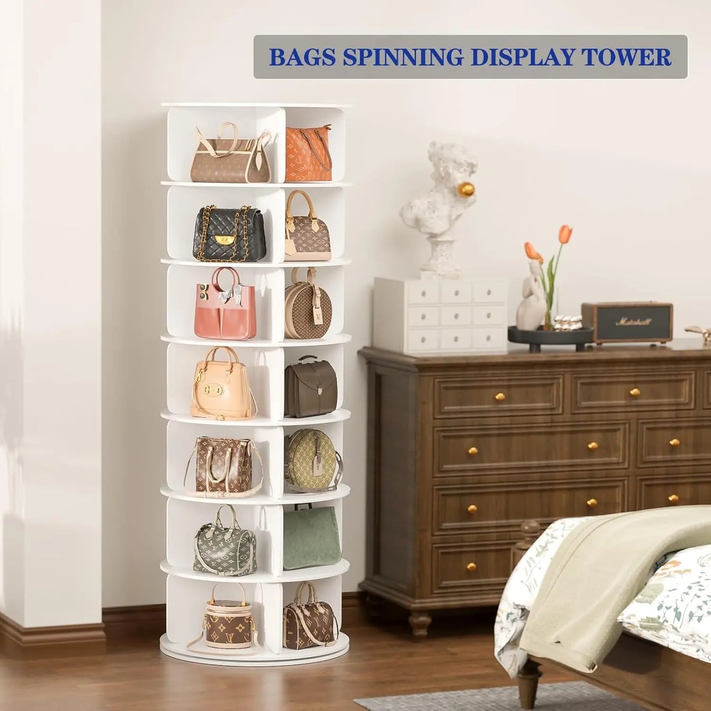 7 Tier 360 Degree Rotating Shoe Tower for Customizable Space Saving Shoe and Bag Storage