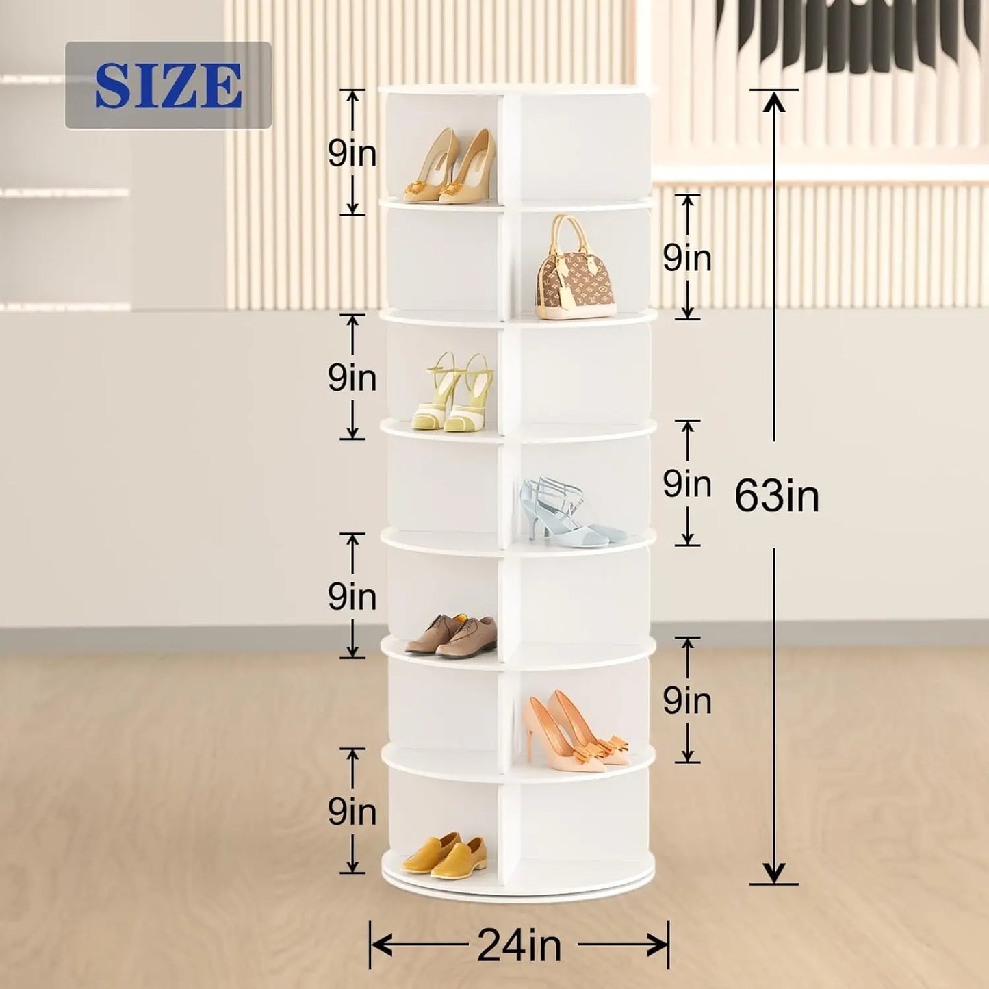 7 Tier 360 Degree Rotating Shoe Tower for Customizable Space Saving Shoe and Bag Storage