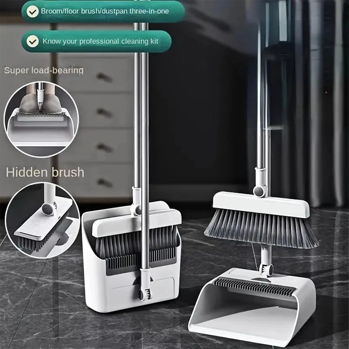 3 in 1 Long Handle Broom and Dustpan Set for Sweeping Without Bending