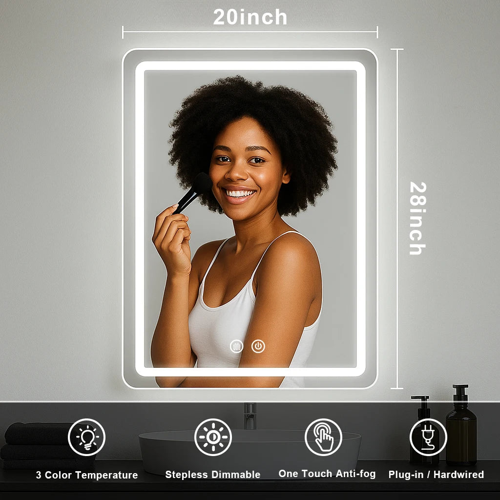 20x28 Inch LED Backlit Bathroom Mirror with Demister for Fog Free Flattering Lighting