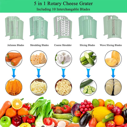 5 in 1 Rotary Cheese Grater and Mandoline Slicer for Faster Safer Kitchen Prep