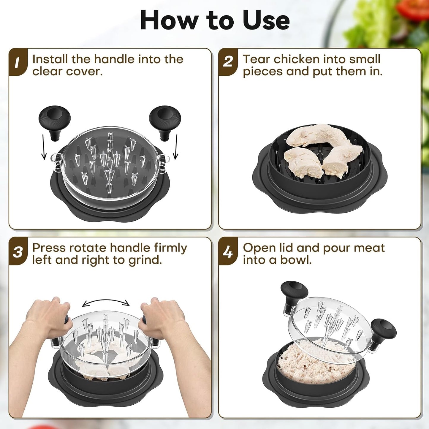 10" Pro Chicken Shredder Tool Twist Large for Kitchen, Bpa-Free Food-Safe Meat Grinder, Visible Chicken Breast Meat Shredder with Strong Anti-Slip Bottom & Ergonomic Handle, Black