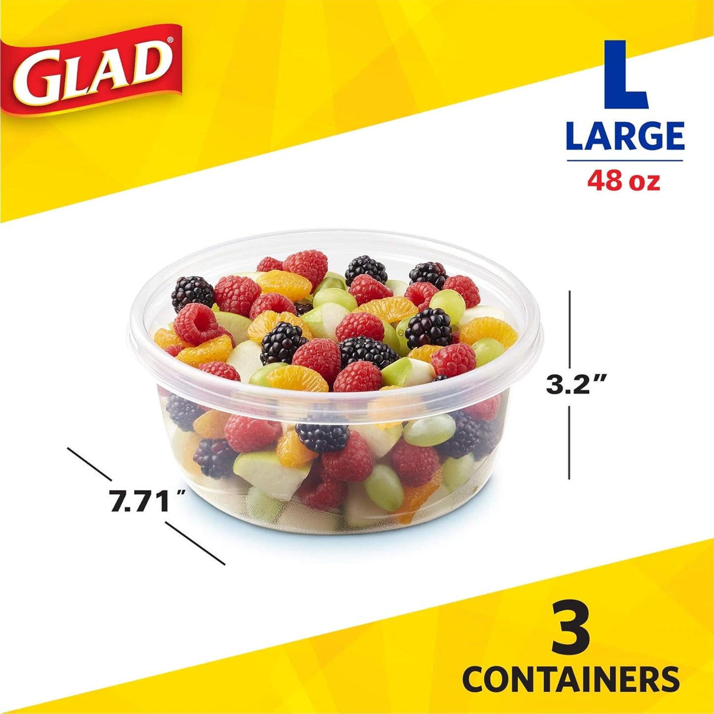 ware Big Bowl Food Storage Containers with Lids, Large round No BPA Plastic Containers for Soups, Salads, and Meal Prep, Lock Tight Seal, Microwave Dishwasher Safe, 48 Oz, 3 Count
